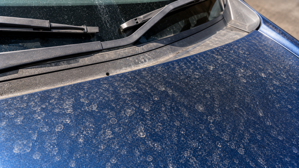 雨のあとに水ジミや汚れが付着した車のボンネット